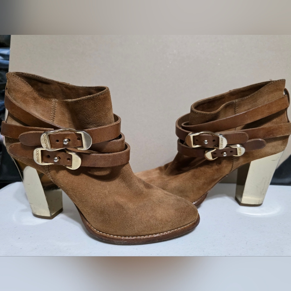 Jimmy Choo Tan Suede Heeled Boots - Picture 1 of 7